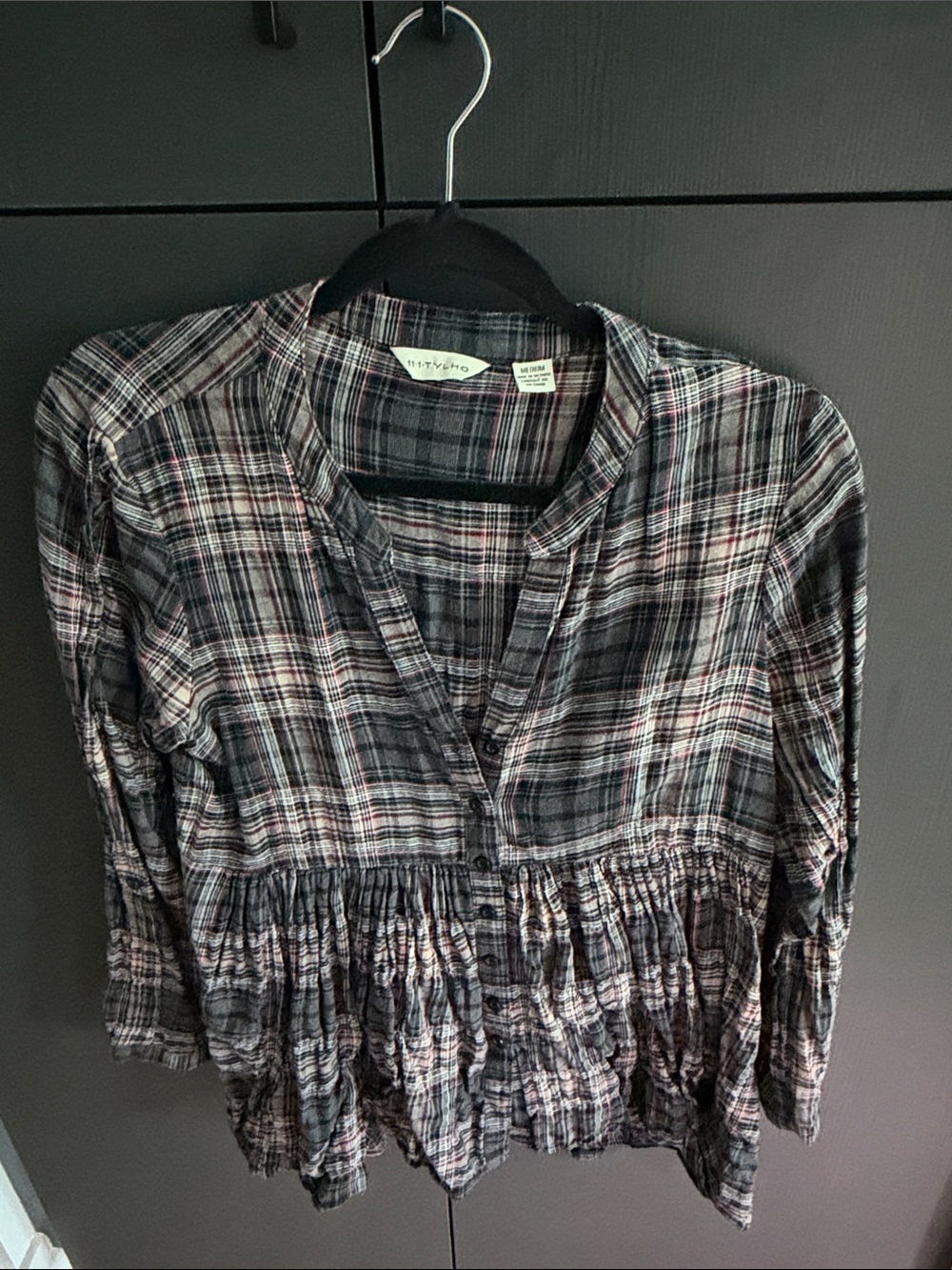 Plaid Peplum Tunic Top in Gray and Pink